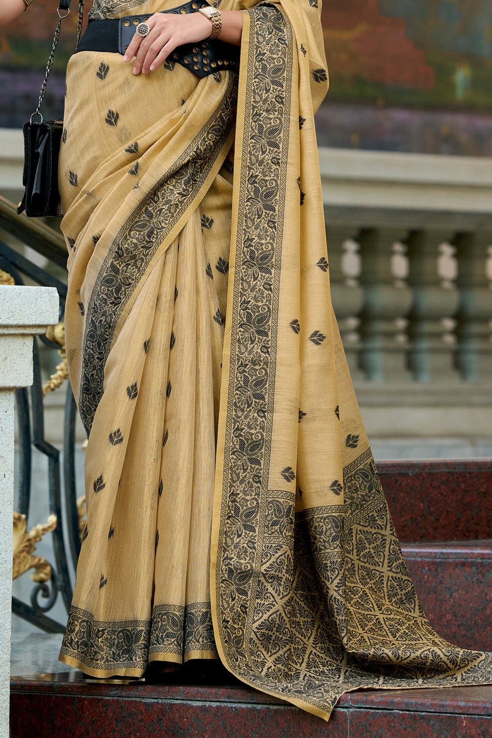 Butter Cream Pure Tussar Linen Handloom Silk With Weaving Silk Saree