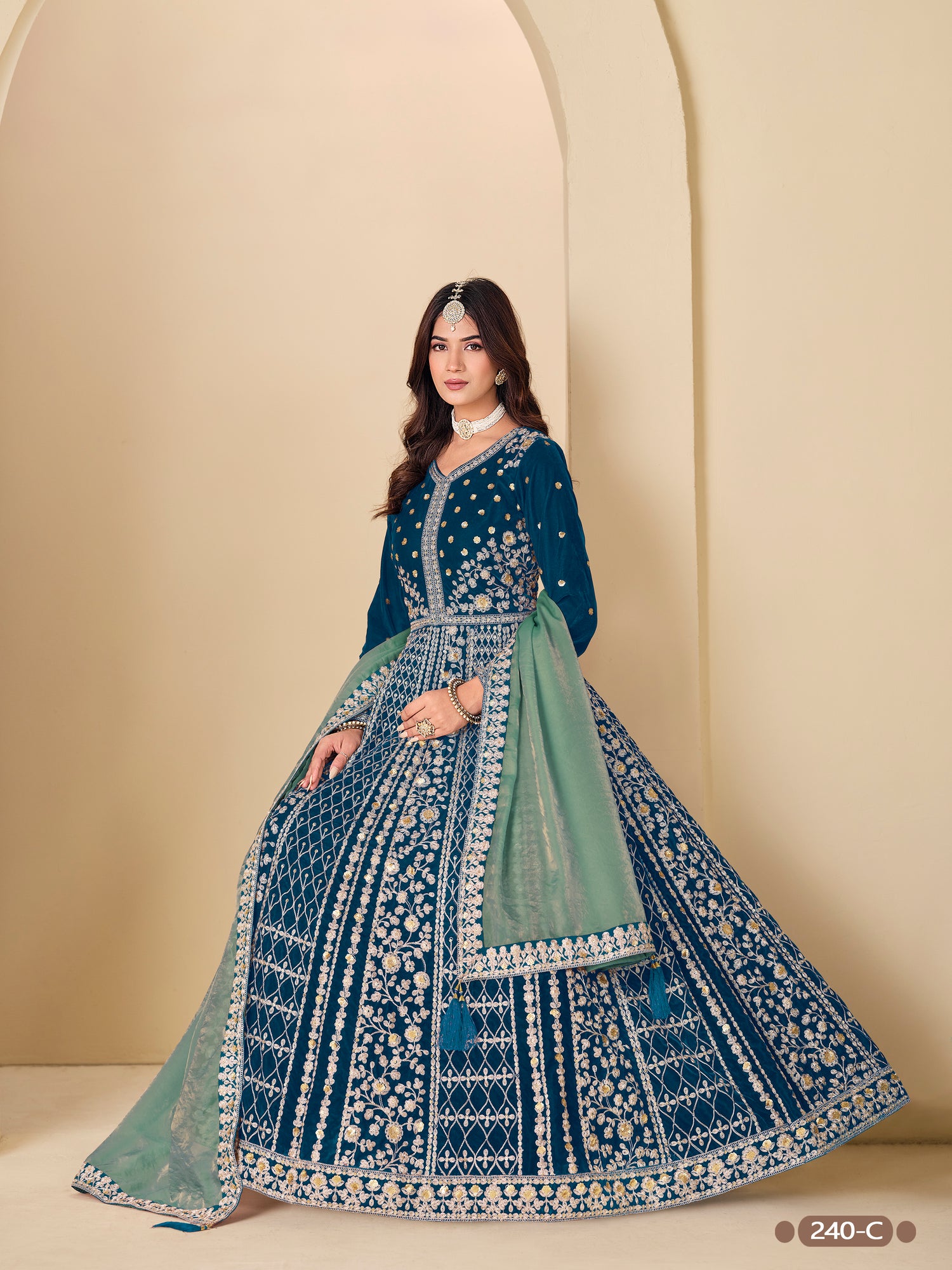 Blue Pure Soft 9000 Velvet Heavy Embroidery Work Long Anarkali Gown 