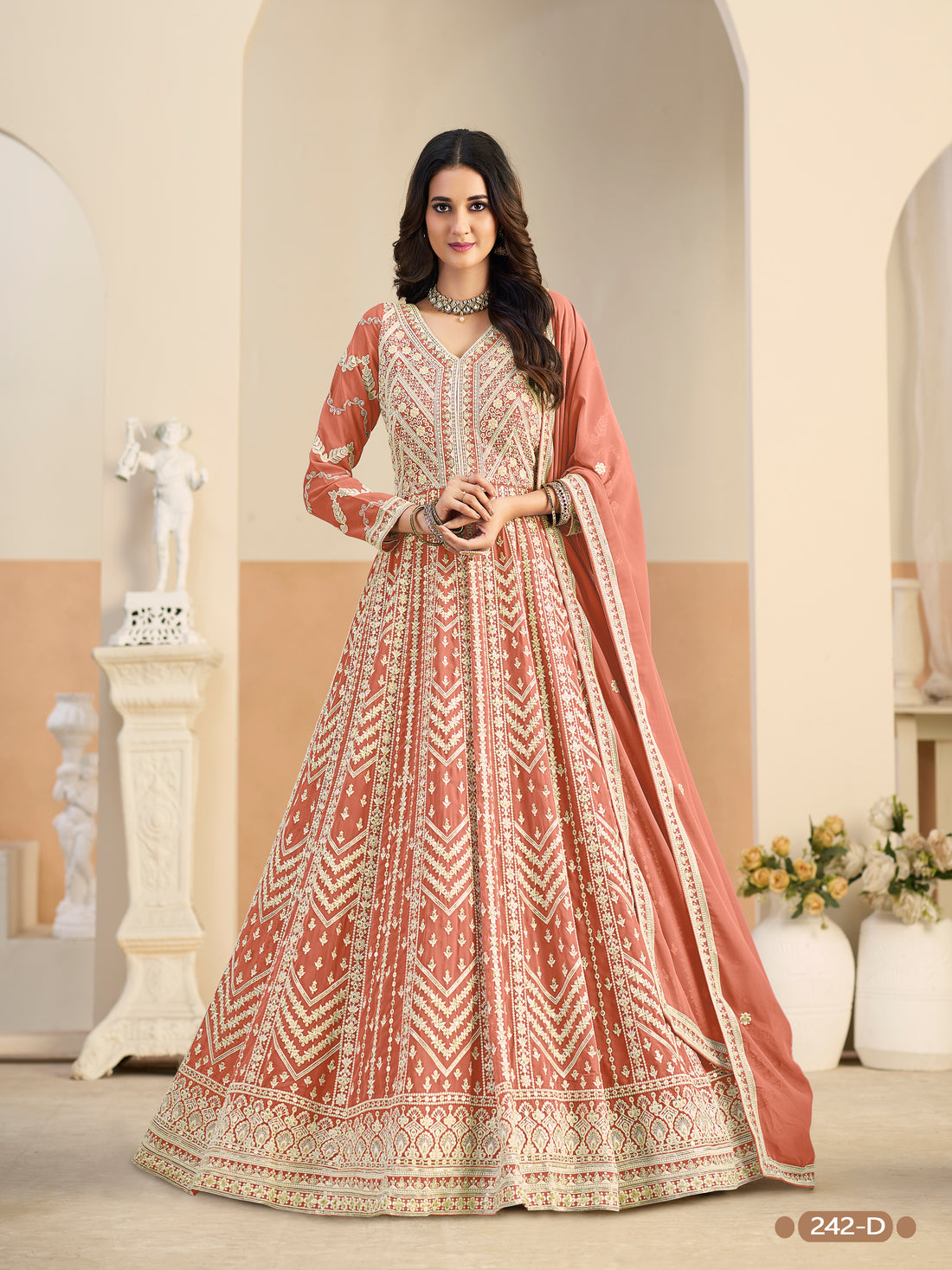 Rust Pure Soft Faux Georgette Heavy Embroidery Work Long Anarkali Gown 