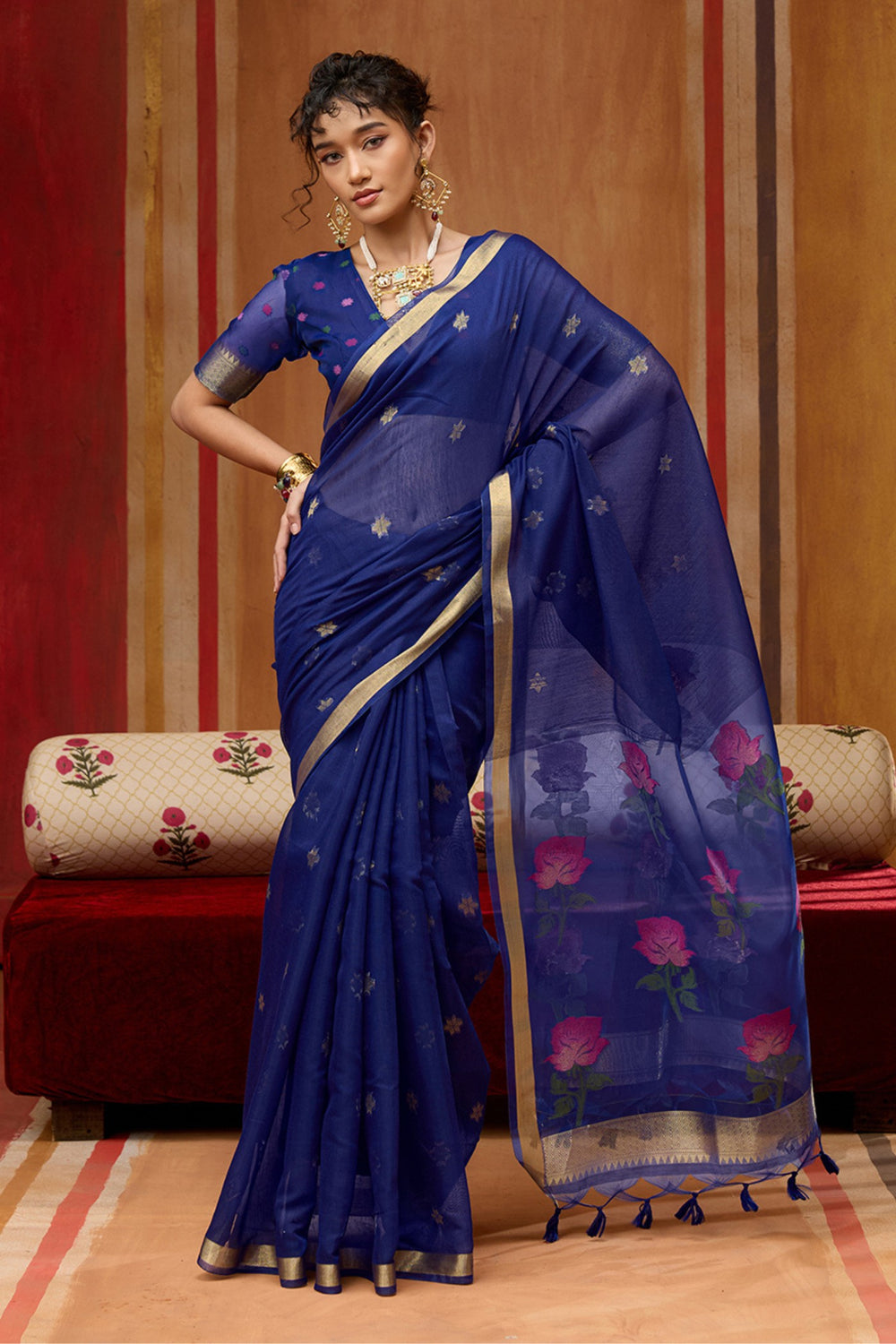 Chill Blue Pure Soft Moonga Cotton Handloom Saree 