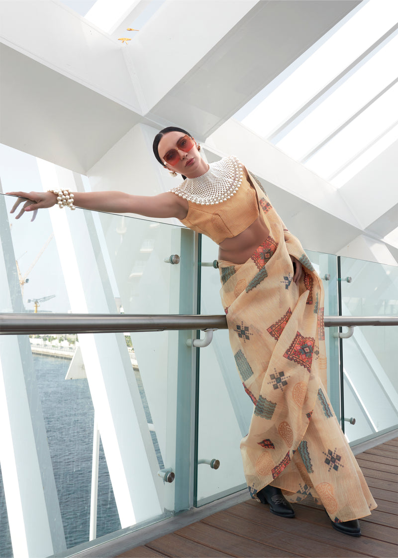 Beautiful Designer Silk Printed Handloom Zari Tissue Saree