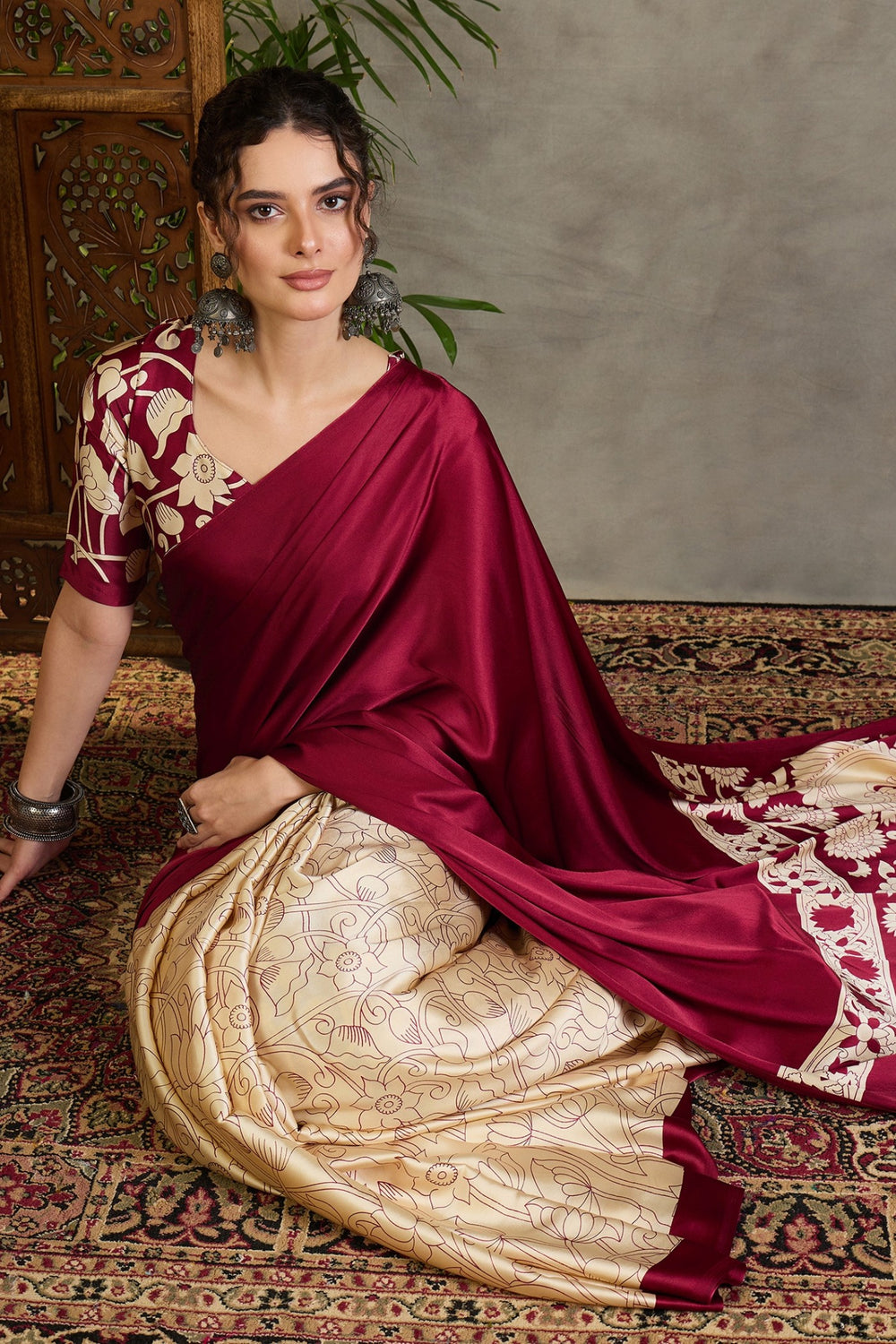 Maroon Kalamkari Printed Satin Silk Saree 