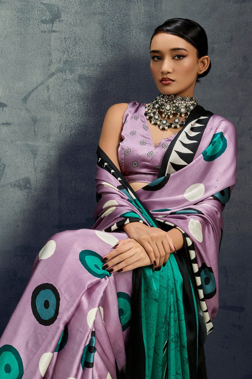 Thistle Purple Ajrakh Printed Satin Crepe Silk Saree ##color## Japan Satin Saree with premium fabric and embroidery