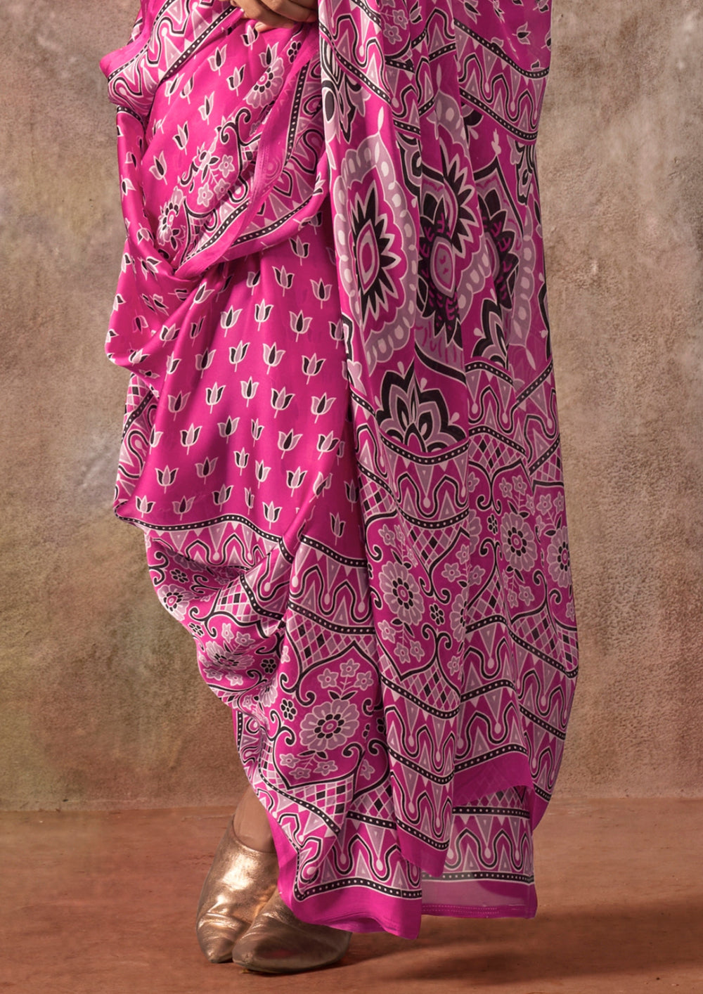 Pink Raisins Ajrakh Printed Satin Georgette Silk Saree 