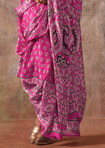 Pink Raisins Ajrakh Printed Satin Georgette Silk Saree 