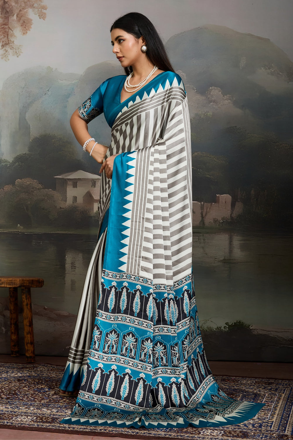 White and Blue Pure Ajrakh Printed Satin Crepe Silk Saree