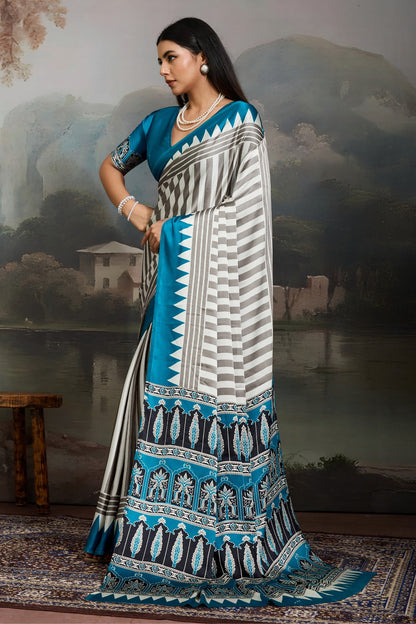 White and Blue Pure Ajrakh Printed Satin Crepe Silk Saree 