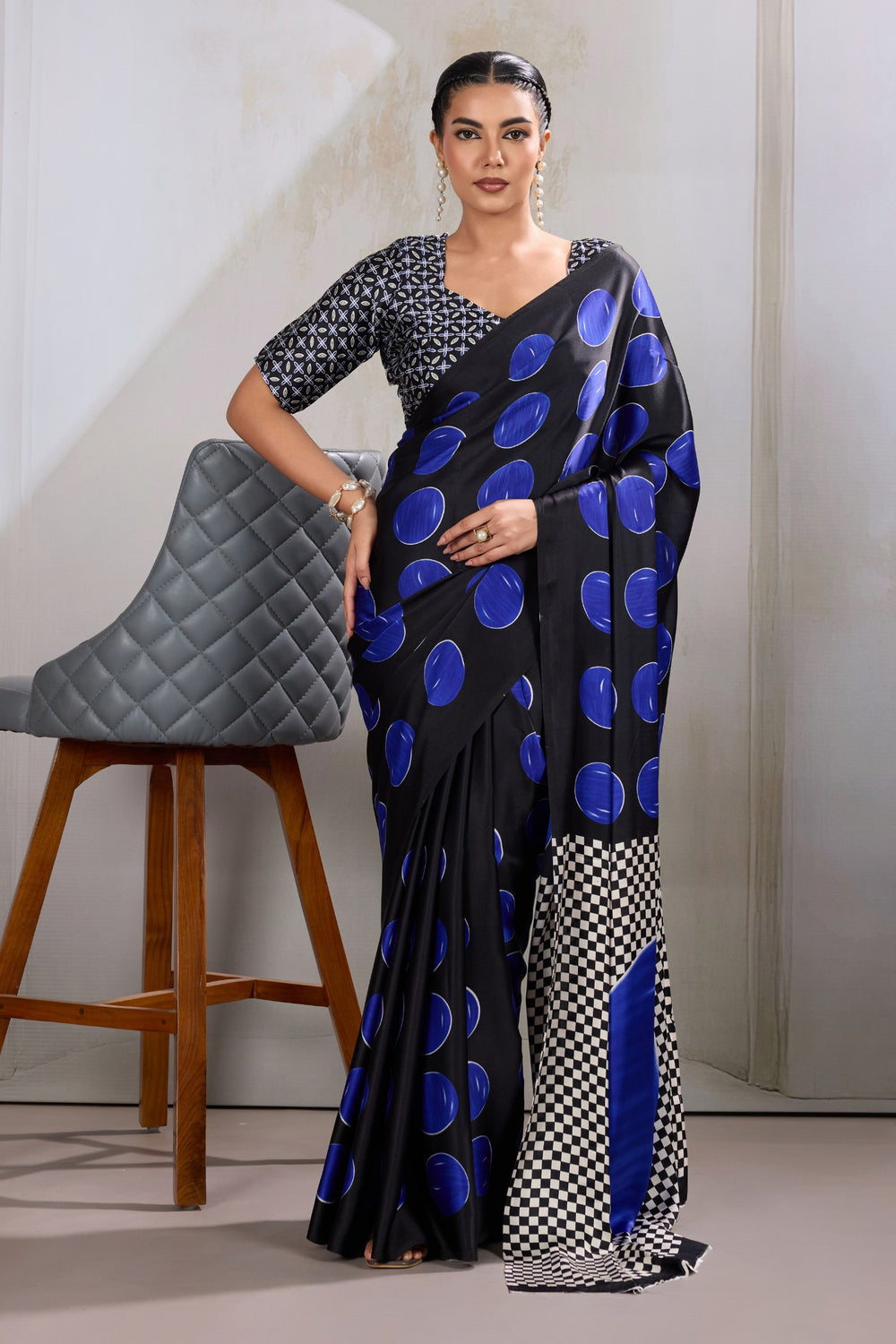 Blue Printed Polka Dots Satin Crepe Saree ##color## Floral Printed Saree with premium fabric and embroidery