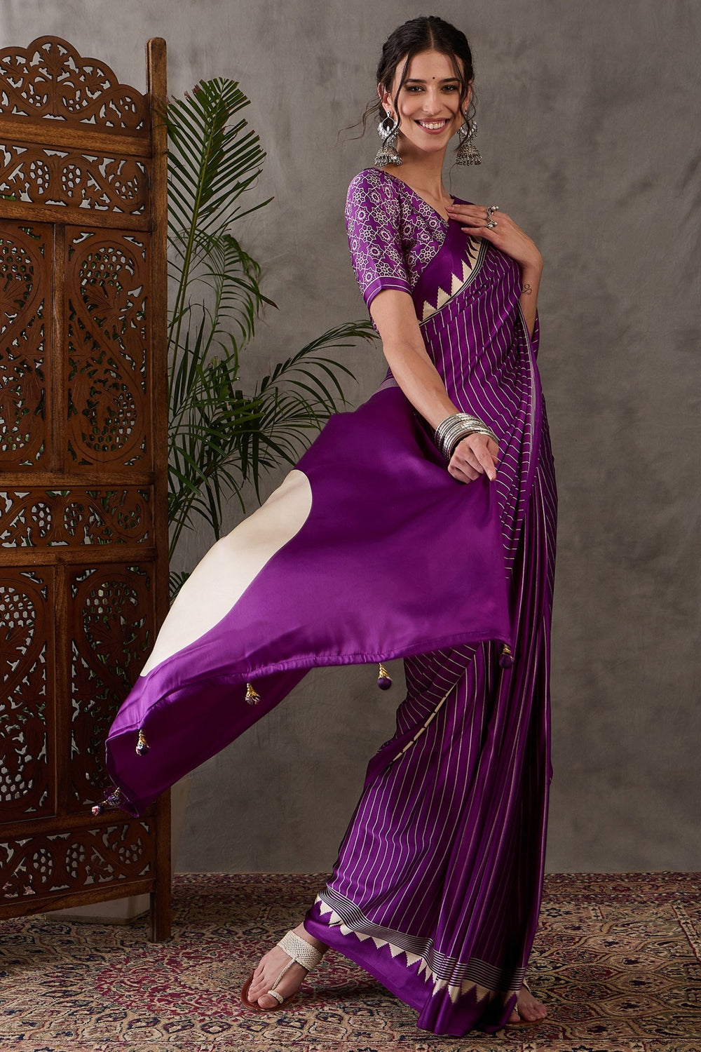 Purple Printed Satin Gaji Silk Saree ##color## Japan Satin Saree with premium fabric and embroidery