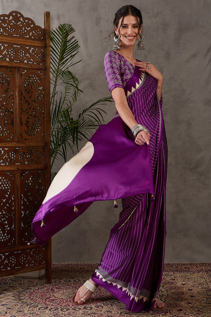 Purple Printed Satin Gaji Silk Saree 