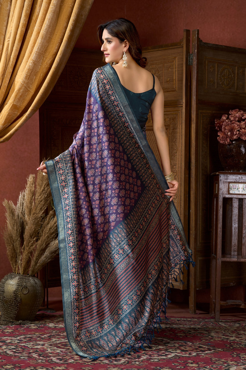 Purple Pure Cluster Silk Ajarkh Digital Printed Saree ##color## Floral Printed Saree with premium fabric and embroidery