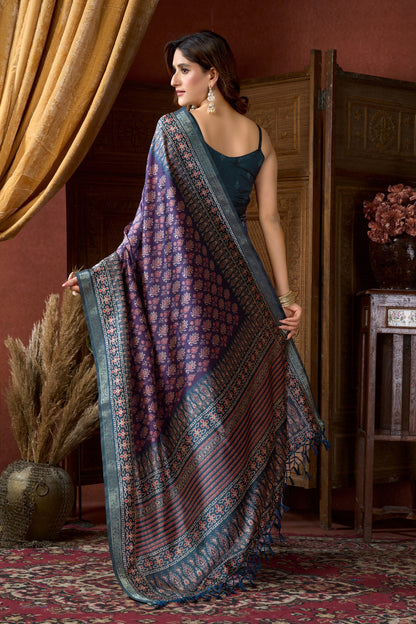 Purple Pure Cluster Silk Ajarkh Digital Printed Saree 