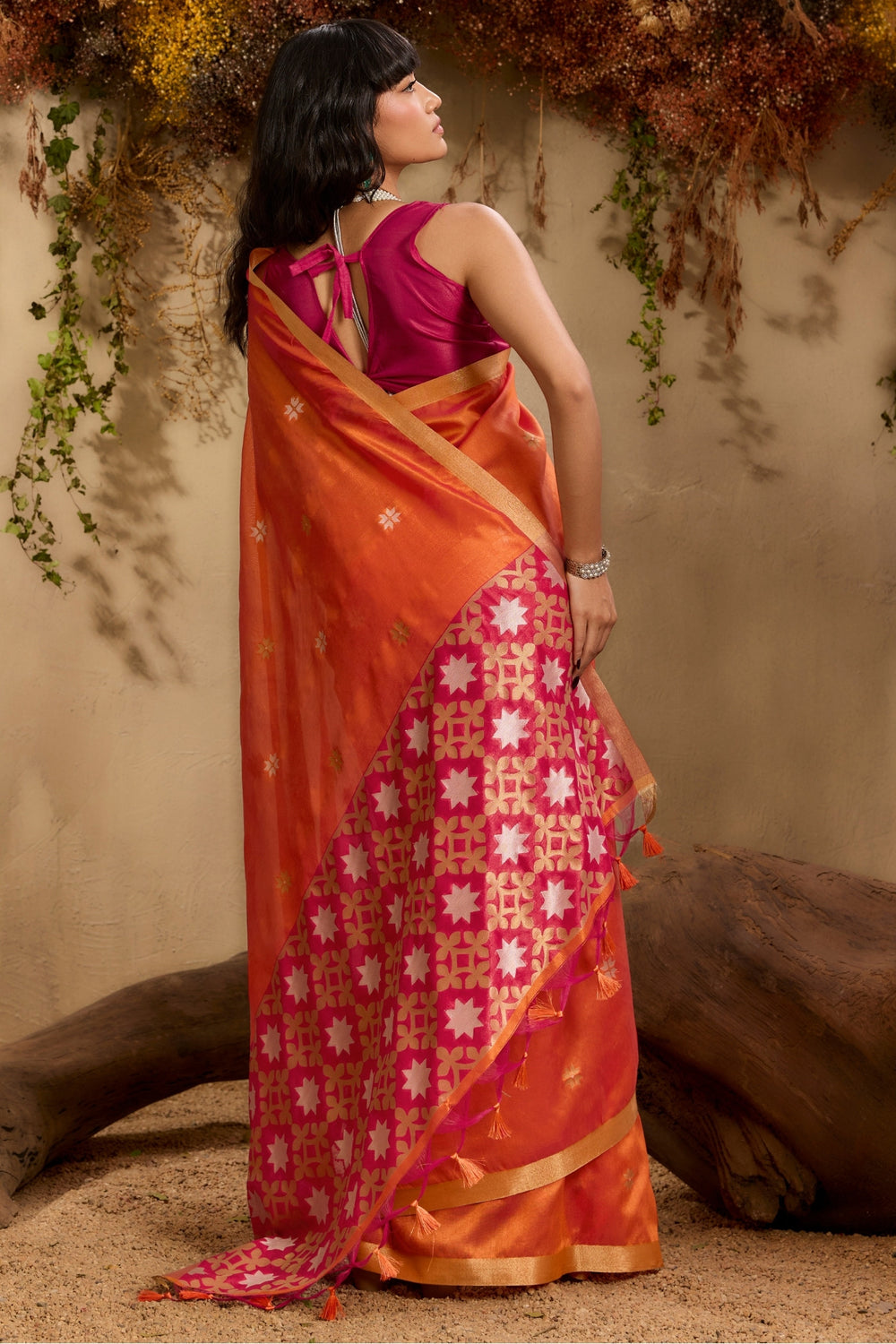 Orange Pure Tussar Handloom Silk Saree 