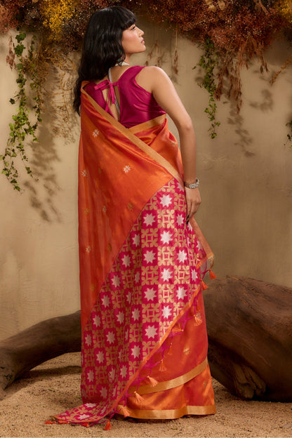Orange Pure Tussar Handloom Silk Saree 