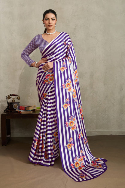 Purple Pure Soft Modal Satin Ajrakh Print Satin Saree Japan Satin Saree Anant Tex Exports Pvt.Ltd..