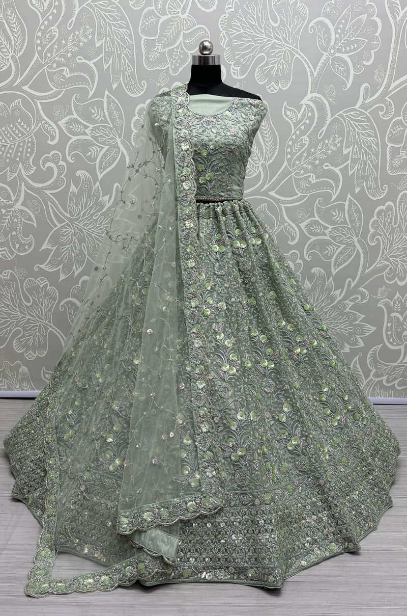 Pista Pure Soft Net Heavy Embroidery Work Bridal Lehenga 