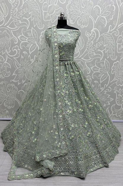 Pista Pure Soft Net Heavy Embroidery Work Bridal Lehenga 