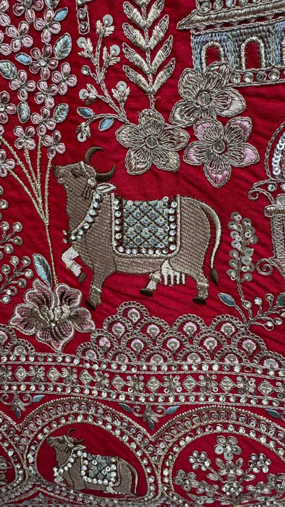 Red Pure Soft Gadwal Silk Heavy Embroidery Work Bridal Lehenga 