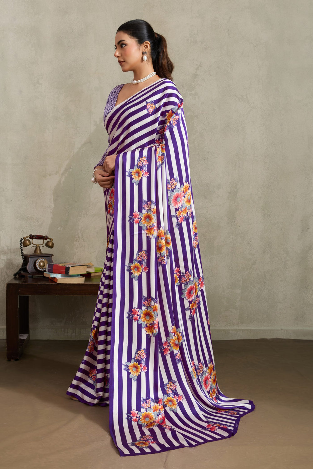 Purple Pure Soft Modal Satin Ajrakh Print Satin Saree Japan Satin Saree Anant Tex Exports Pvt.Ltd..