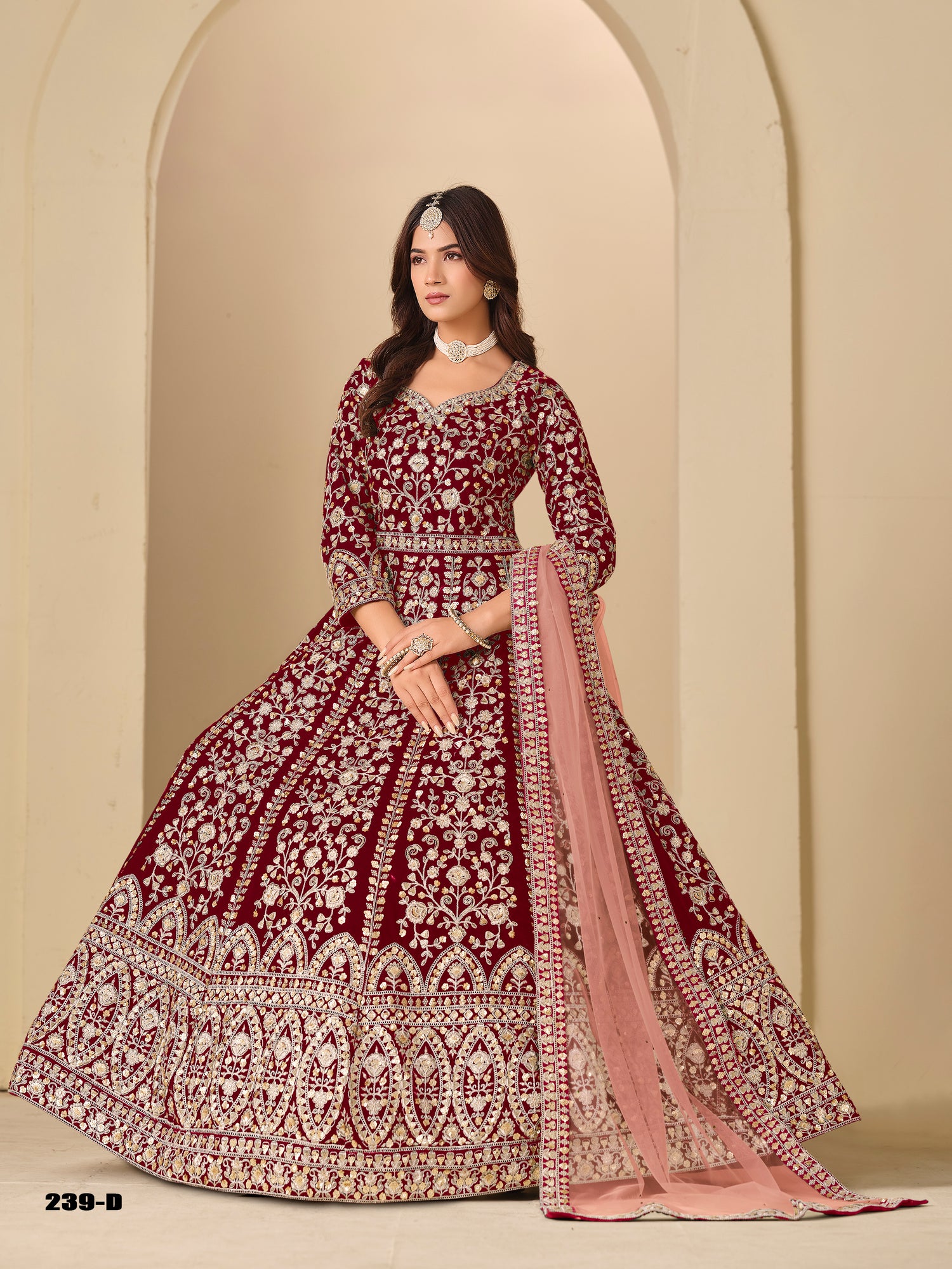 Red Pure Soft 9000 Velvet Heavy Embroidery Work Long Anarkali Gown 