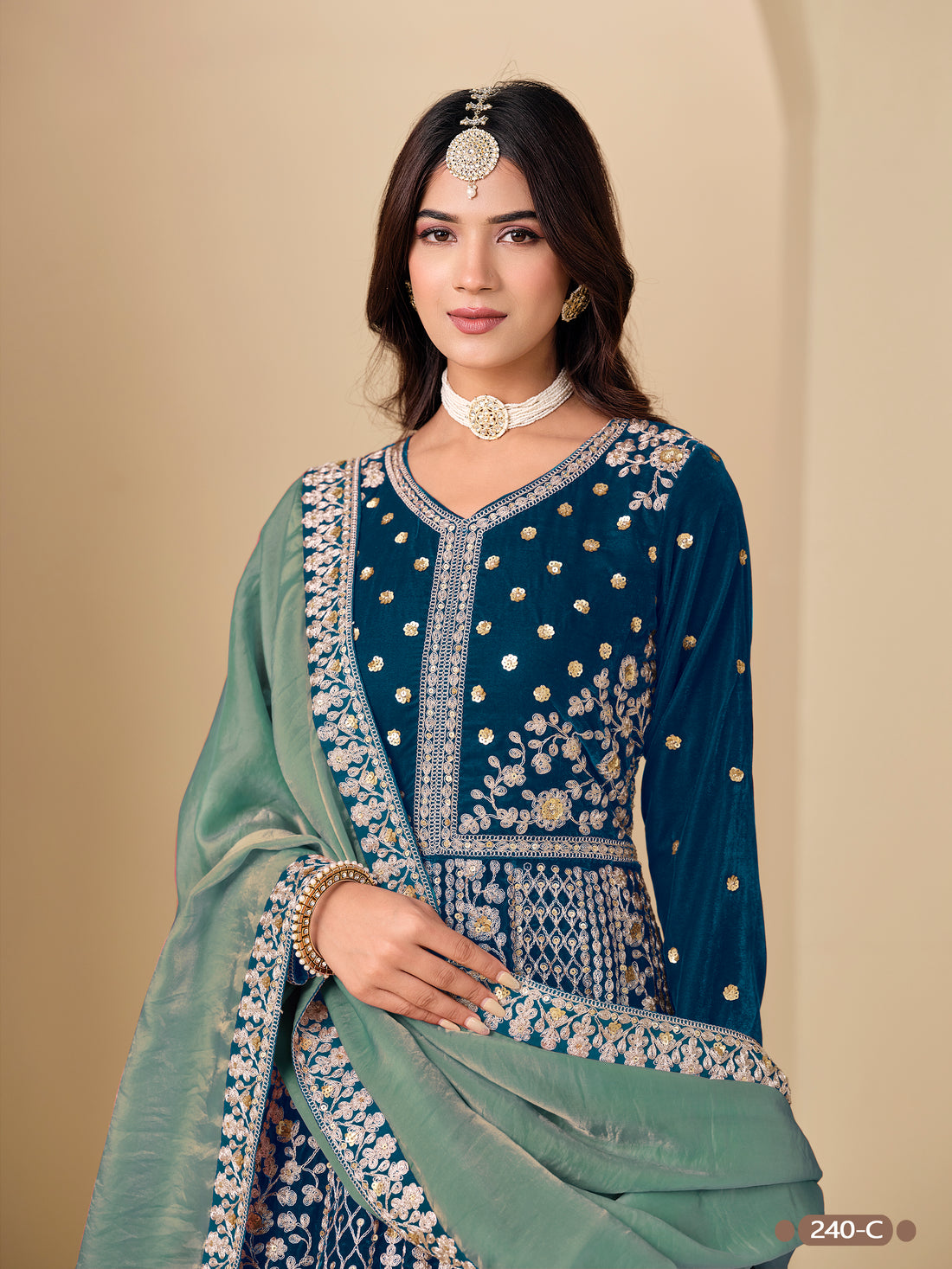 Blue Pure Soft 9000 Velvet Heavy Embroidery Work Long Anarkali Gown 