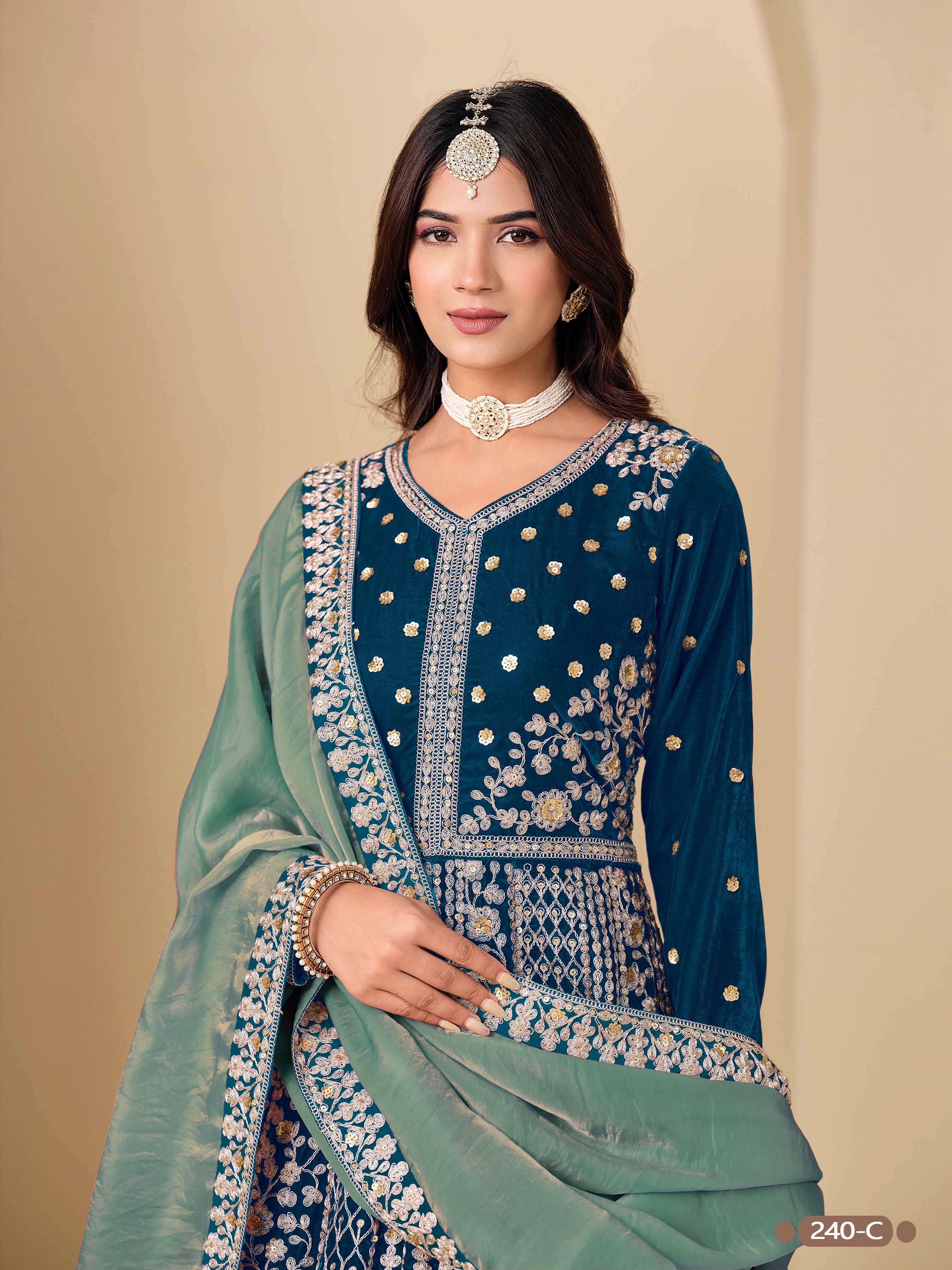 Blue Pure Soft 9000 Velvet Heavy Embroidery Work Long Anarkali Gown ##color## Anarkali Gown with premium fabric and embroidery