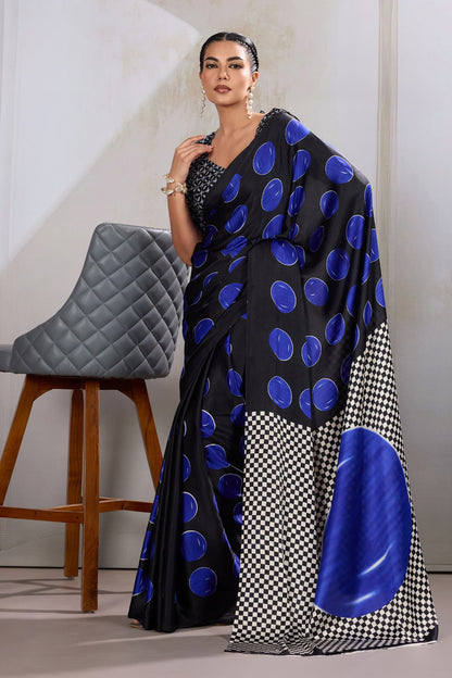 Blue Printed Polka Dots Satin Crepe Saree 