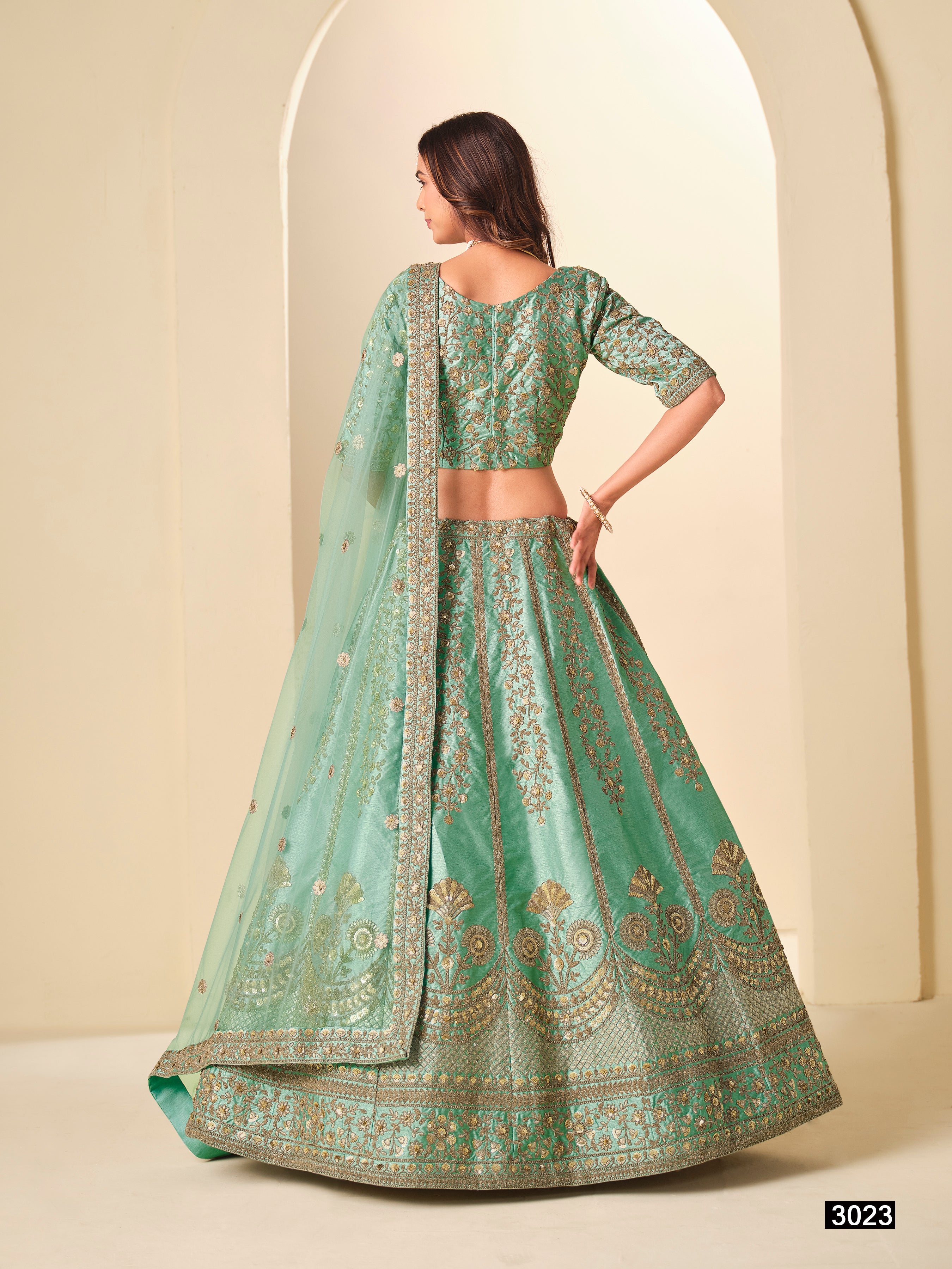 Green Pure Soft Art Silk Heavy Embroidery Work Bridal Lehenga 