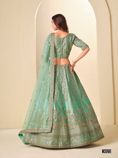 Green Pure Soft Art Silk Heavy Embroidery Work Bridal Lehenga 