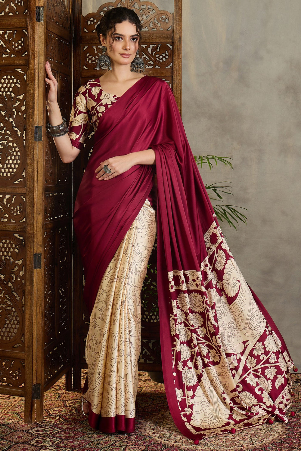 Maroon Kalamkari Printed Satin Silk Saree ##color## Floral Printed Saree with premium fabric and embroidery