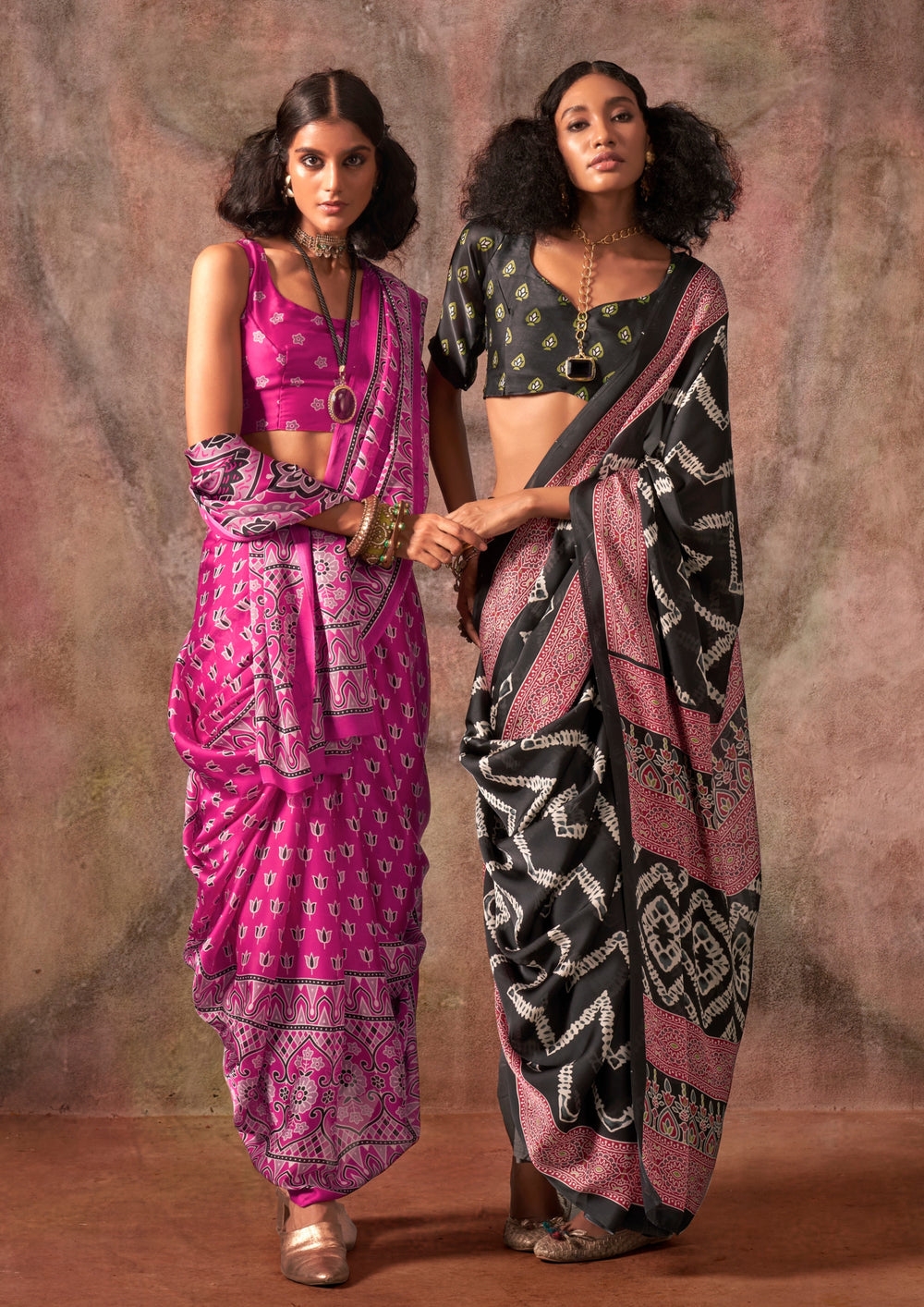 Pink Raisins Ajrakh Printed Satin Georgette Silk Saree 