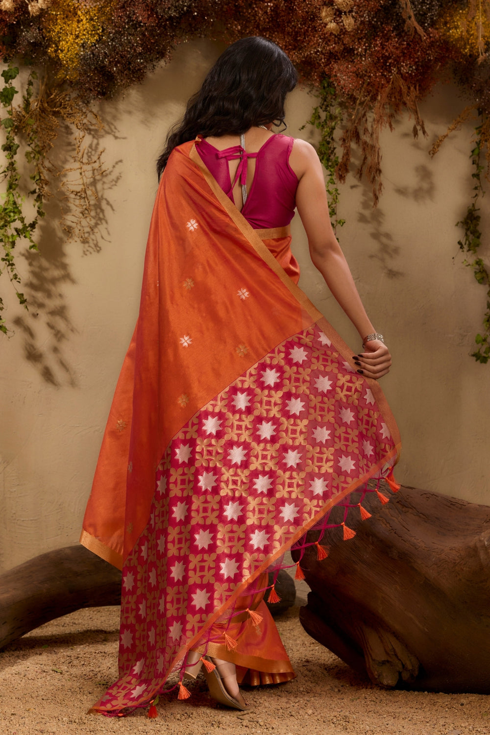 Orange Pure Tussar Handloom Silk Saree 