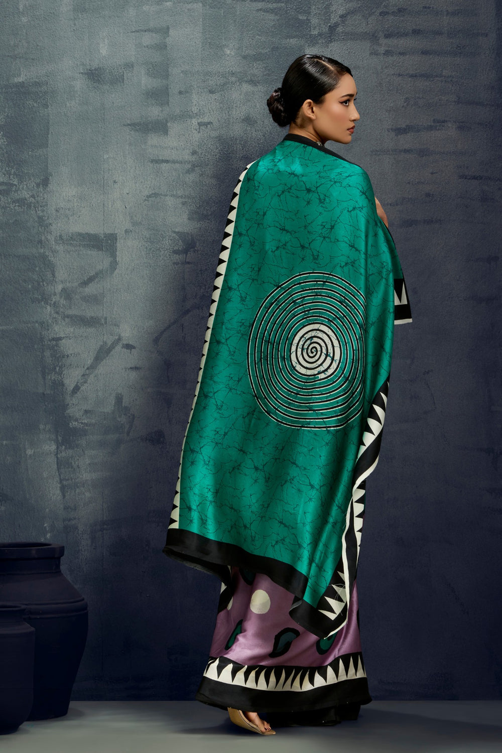 Thistle Purple Ajrakh Printed Satin Crepe Silk Saree ##color## Japan Satin Saree with premium fabric and embroidery