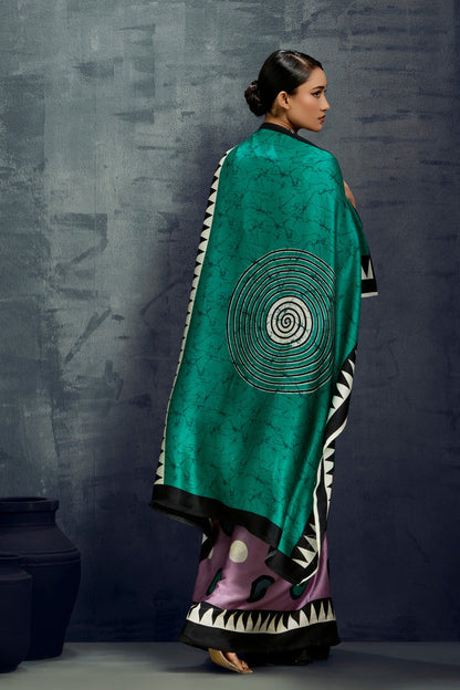 Thistle Purple Ajrakh Printed Satin Crepe Silk Saree 