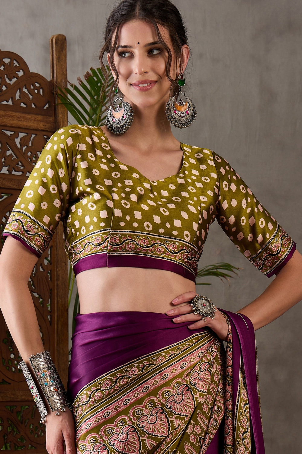 Berry Purple Pure Soft Modal Satin Ajrakh Print Satin Saree