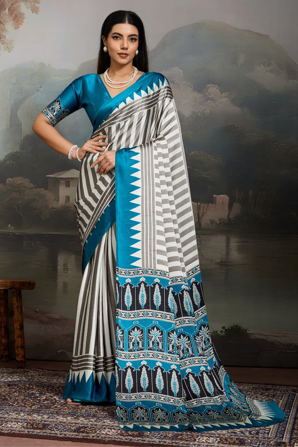 White and Blue Pure Ajrakh Printed Satin Crepe Silk Saree