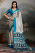 White and Blue Pure Ajrakh Printed Satin Crepe Silk Saree 