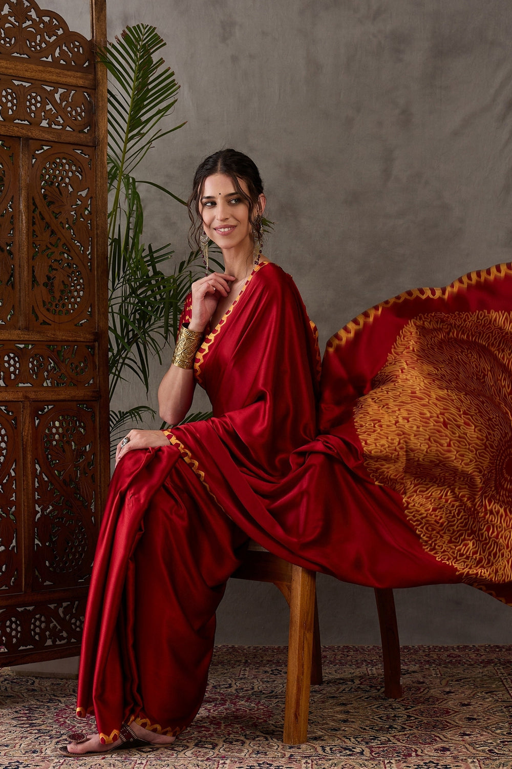Red Pure Gaji Silk Satin Printed Saree 