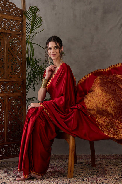 Red Pure Gaji Silk Satin Printed Saree 