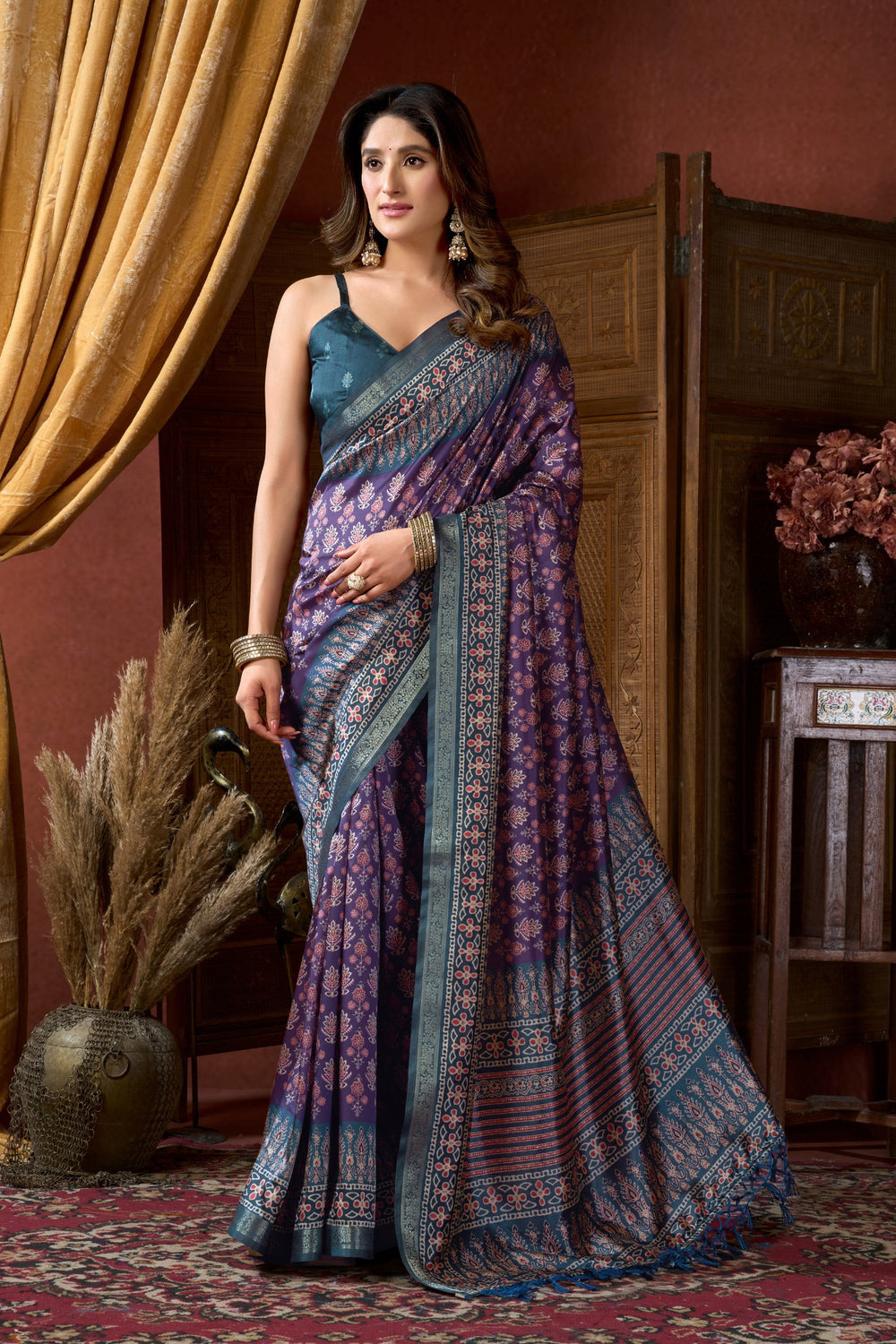Purple Pure Cluster Silk Ajarkh Digital Printed Saree ##color## Floral Printed Saree with premium fabric and embroidery