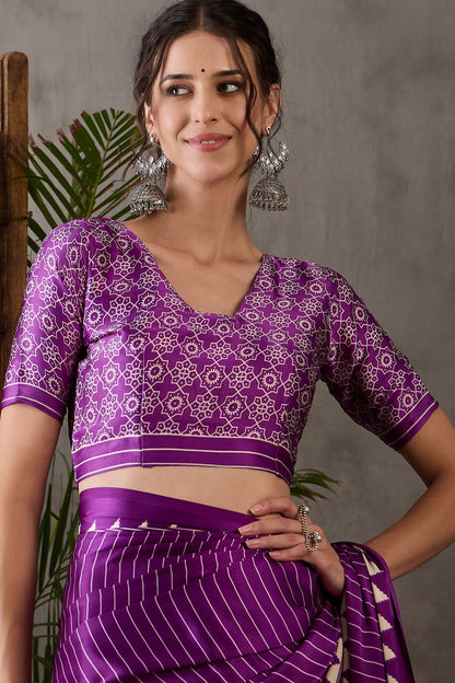Purple Printed Satin Gaji Silk Saree 