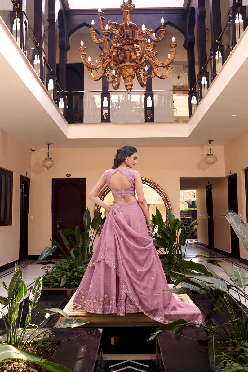 Pink Pure Crush Silk Sequins Thread Work Lehenga Choli