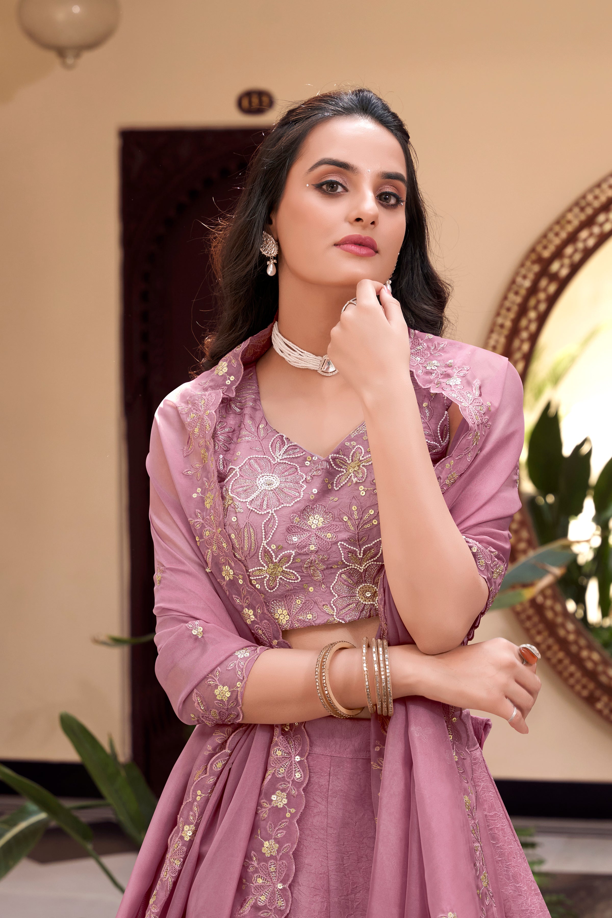 Pink Pure Crush Silk Sequins Thread Work Lehenga Choli