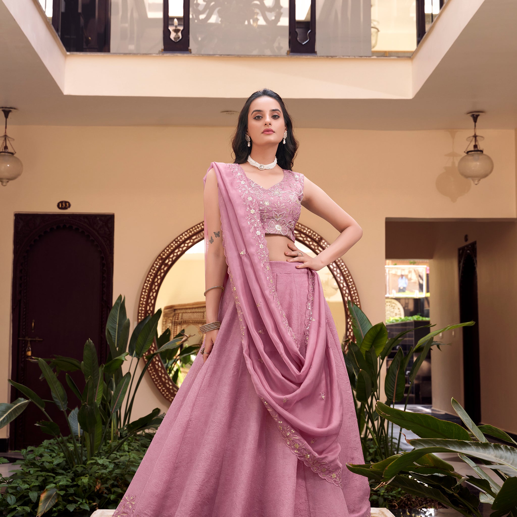 Pink Pure Crush Silk Sequins Thread Work Lehenga Choli