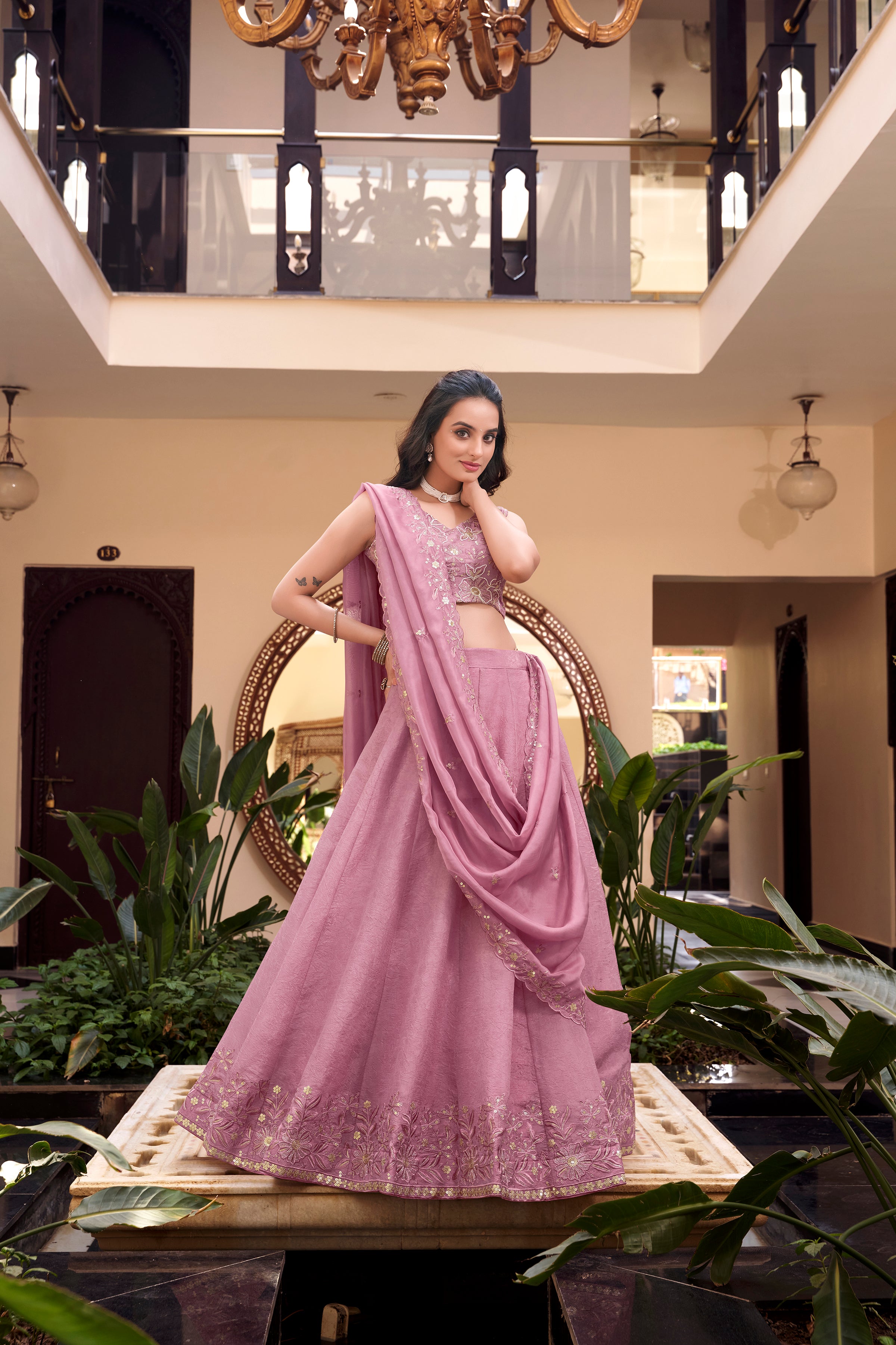 Pink Pure Crush Silk Sequins Thread Work Lehenga Choli