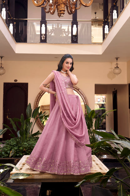 Pink Pure Crush Silk Sequins Thread Work Lehenga Choli