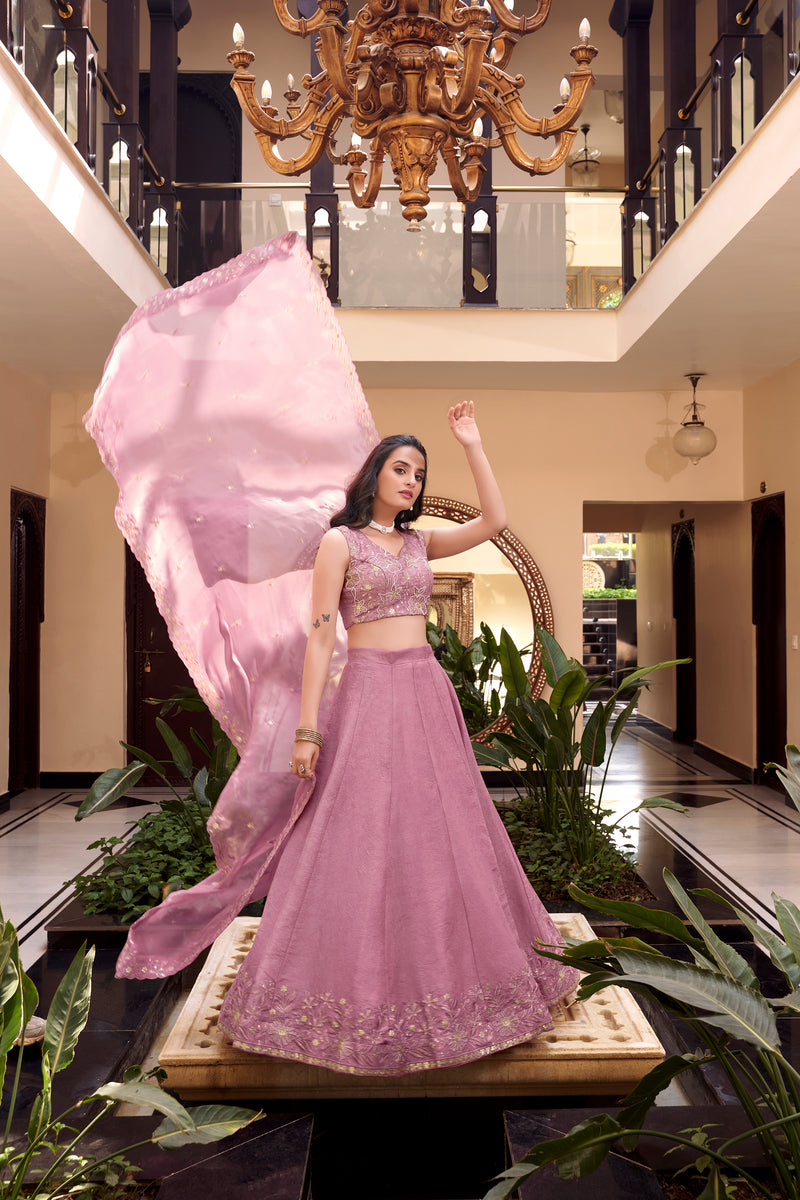 Pink Pure Crush Silk Sequins Thread Work Lehenga Choli