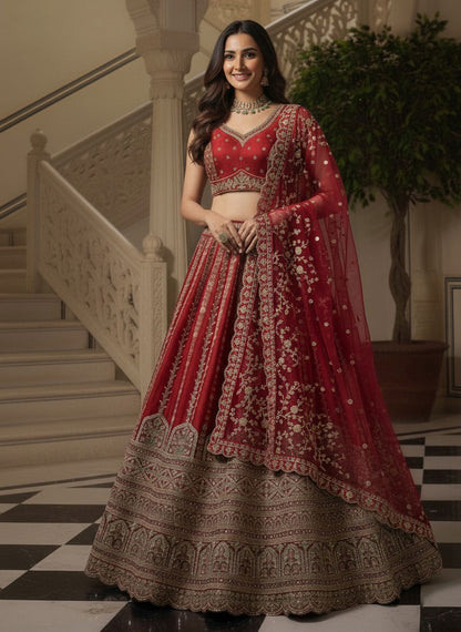 Red Pure Soft Gadhwal Silk Heavy Embroidery Work Bridal Lehenga