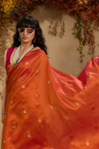 Orange Pure Tussar Handloom Silk Saree 