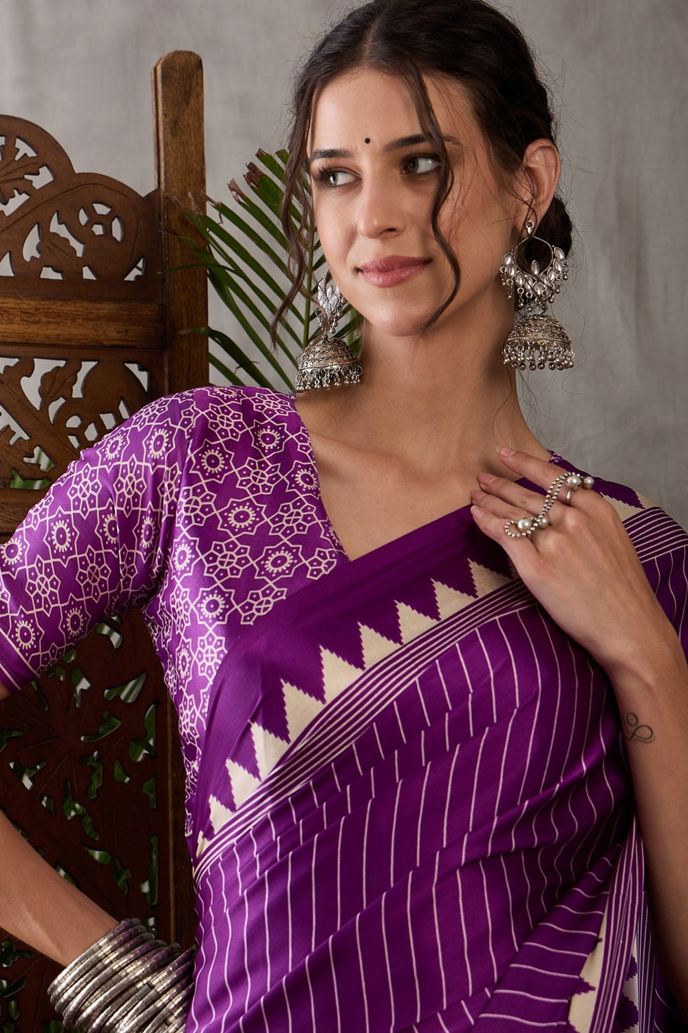 Purple Printed Satin Gaji Silk Saree 